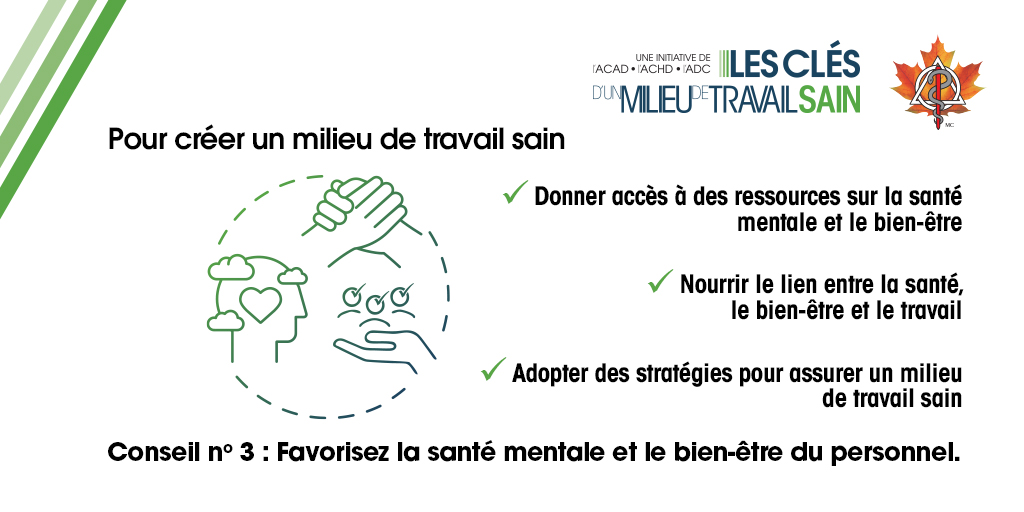 CdnDentalAssoc's tweet photo. Un #milieudetravailsain favorise la #santémentale et le bien-être de tout le personnel. Offrez du soutien au personnel et guidez-le vers de l’aide en santé mentale, des ressources, des services de counselling… : https://t.co/F2QKFCWy37 https://t.co/FE9cUBh7Bv