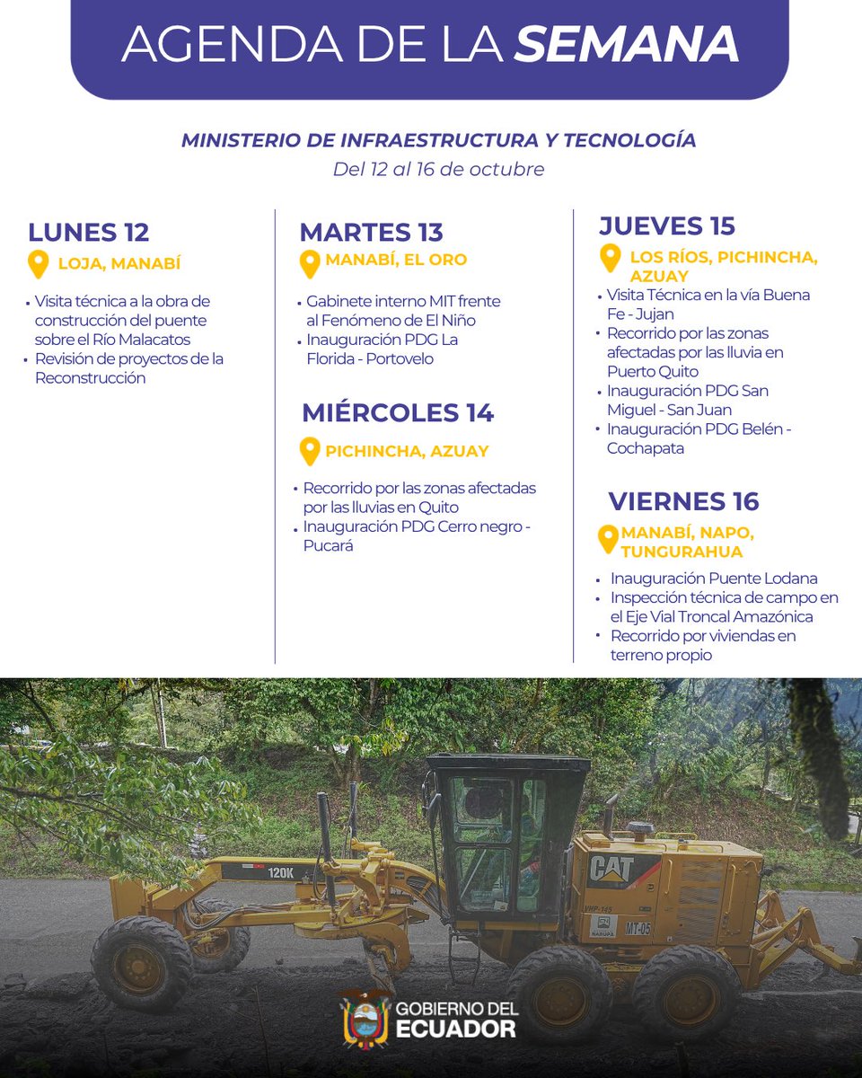 MIT_Ecuador's tweet photo. 🗓️ #AgendaSemanal | ¡Una semana para seguir avanzando! 🇪🇨

Del 12 al 16 de octubre estaremos en territorio: obras, inspecciones, prevención y nuevas entregas para seguir conectando y transformando al Ecuador. 🚧 https://t.co/FYb2Ysl3mz