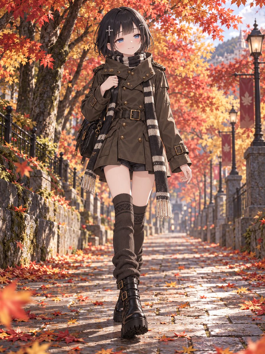 kaede_YssC's tweet photo. 並木道を歩くオータムな楓ちゃん。

衣装お借りしました😊
SFW anime-style illustration
#AIart 
#AIイラスト 
#うちのこ https://t.co/icdPxg89j7