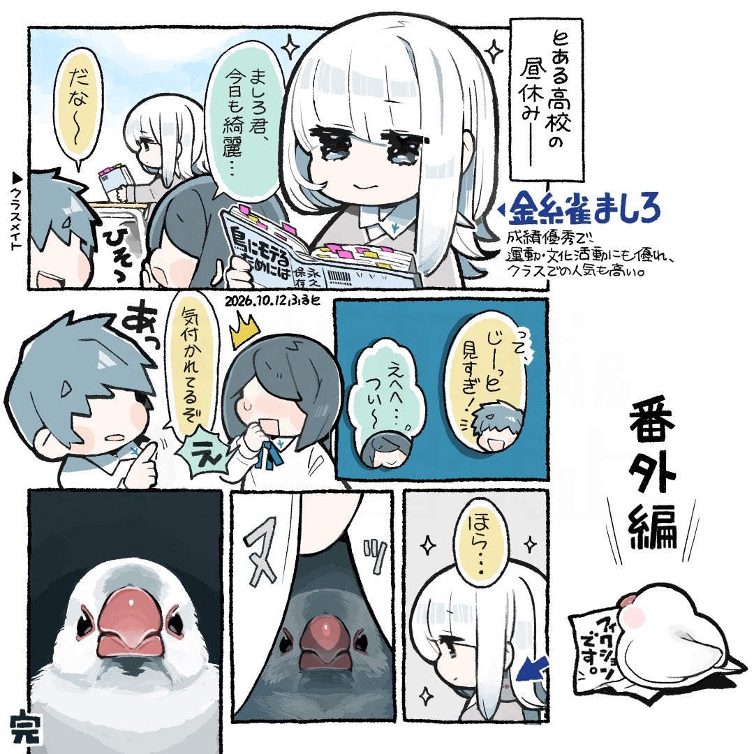 furuto_memo's tweet photo. （番外編です🐦）
真夜中に急に思い付いたお話を漫画にしました✍️🌃
#文鳥 #漫画が読めるハッシュタグ #illustration https://t.co/YBY1HYtwGZ