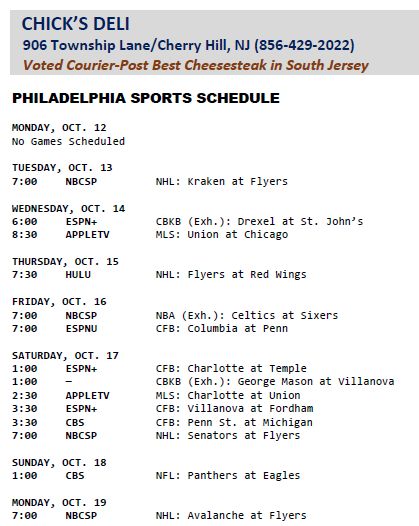 BoopStats's tweet photo. #ChicksDeli-Mon
PHILADELPHIA
SPORTS SCHEDULE –
Daily Sports TV Schedules &
Longer Philly Sports Schedules
At https://t.co/LNeXAK9gwT
#BoopStatsPhillySked https://t.co/9rm3nlrl5u