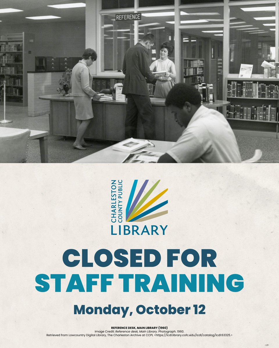 ChasCoLibrary's tweet photo. Due to staff training and development, all CCPL branches will be closed today, October 12. Book drops will remain open during this time. https://t.co/GOPxZkOa7j
