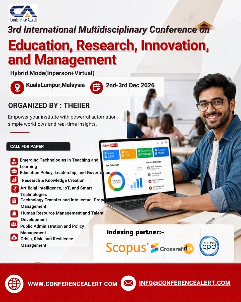 Conf_Alert_Com's tweet photo. 3rd International Multidisciplinary Conference on Education, Research, Innovation &amp; Management

📅 2–3 Dec 2026
📍 Kuala Lumpur, Malaysia
💻 Organized by @theiier 
✅ Present your research
🤝 Connect with global academics

🔗 Register: https://t.co/DLTgmFZqg5

#ConferenceAlert https://t.co/KZOaF4XRjf