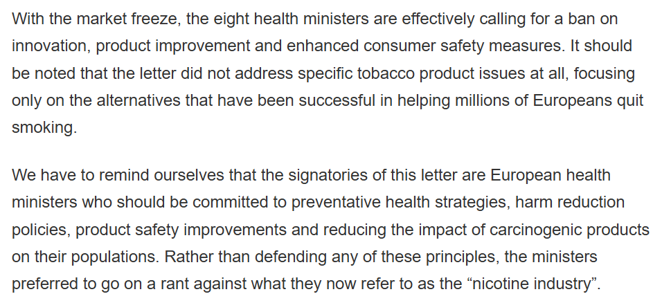 zaruk's tweet photo. Eight EU health ministers think they can ban innovation and still promote tobacco control.
Their letter to the EU Commissioner must have been written by a health NGO. It went on a rant against some "nicotine industry".
This isn't responsible behaviour.
https://t.co/6HO6K0wSU6 https://t.co/fb0zhn21Gg