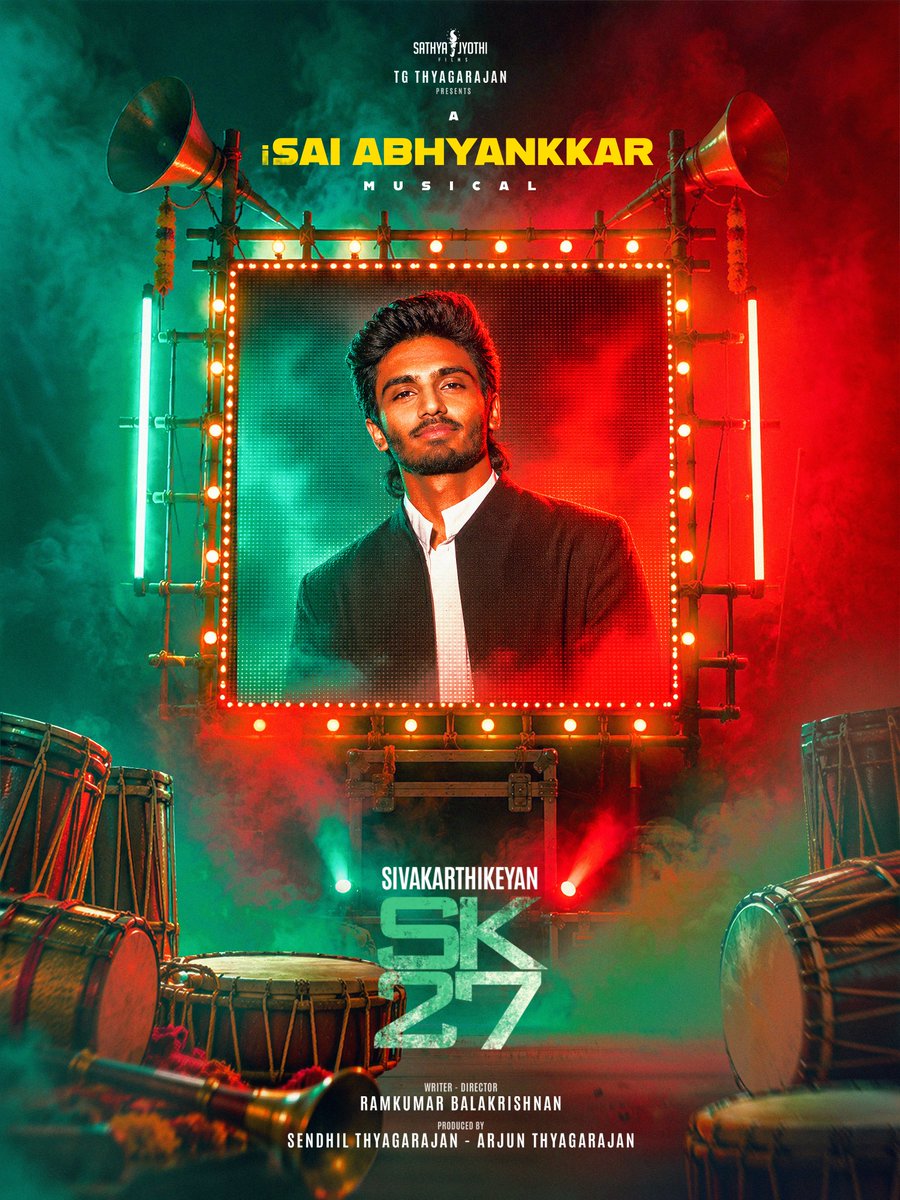 SathyaJyothi's tweet photo. Sai. Sound. Sensation 🔥

#SK27 is a SAI ABHYANKKAR Musical - the very first union of @Siva_Kartikeyan and @SaiAbhyankkar.

A musical celebration like never before awaits you!

A film by @ImRamkumar_B.
Produced by @SathyaJyothi.

@11Lohar @omdop #TGThyagarajan #SendhilThyagarajan @arjun1on @saisiddharth_ @kalaivananoffl #ARajesh @PraveenRaja_Off #StevenKumar @teamaimpr @pro_barani @TheMugDigital