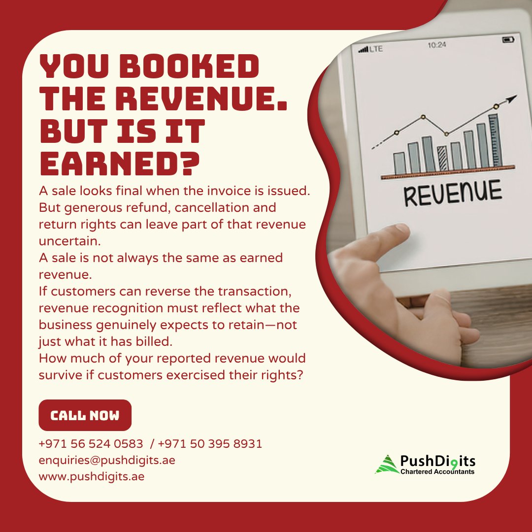pushdigitsae's tweet photo. Record sales. Generous refund rights. But how much revenue will the business actually keep?
Revenue booked isn't always revenue secured.
+971 56 524 0583
enquiries@pushdigits.ae
https://t.co/zKUf7iebVU
#RevenueRecognition #IFRS15 #FinancialReporting #Audit #PushDigits https://t.co/dlHrhLK9K5