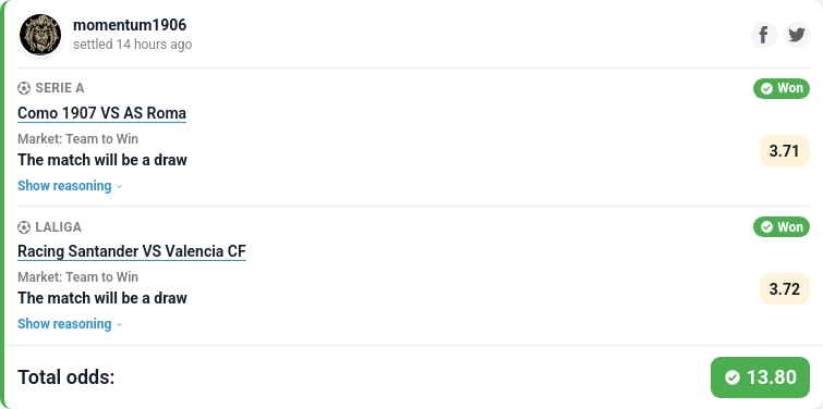 ProTipsterCom's tweet photo. BOOM 🎉 Another won coupon — odds 13.8012!
This Tipster. staked €100, potential return €1,380 🔥
Feeling lucky? Join the tipster comp, post your picks and chase wins.
https://t.co/ubThlKMUIJ
#bettingtips #bettingpicks https://t.co/OHNJdhMv64