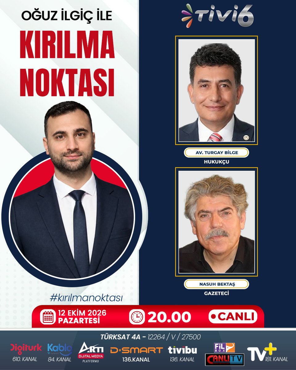tivi6medya's tweet photo. 📌Gazetecilere yönelik baskı artıyor mu?
📌Fon krizinde son durum ne? Soruşturma hangi aşamada,
hangi isimler öne çıkıyor?
📌Ankara 2 No’lu Baro Başkanı ne demek istedi?
 Açıklamasının arka planında ne var?

Türkiye'nin ve Siyasetin Öne Çıkan Başlıkları TİVİ6'da

🔴Youtube Canlı Yayın Linki: https://t.co/I2aSLUAsiP 

Oğuz İlgiç- (@oguz_ilgicc) Soruyor;

➡️AV. Turgay Bilge-(@TurgayBilge)- Hukukuçu
➡️Nasuh Bektaş-Gazeteci...Yanıtlıyor

⏰Oğuz İlgiç ile #kırılmanoktası Bu Akşam Saat 20:00’de Tivi6'da!

#Gazeteciler #BasınÖzgürlüğü #GazetecilereBaskı #FonKrizi #FonSoruşturması
#Ankara2NoluBarosu #Hukuk #Yargı #Siyaset #Gündem #TürkiyeGündemi #SonDakika