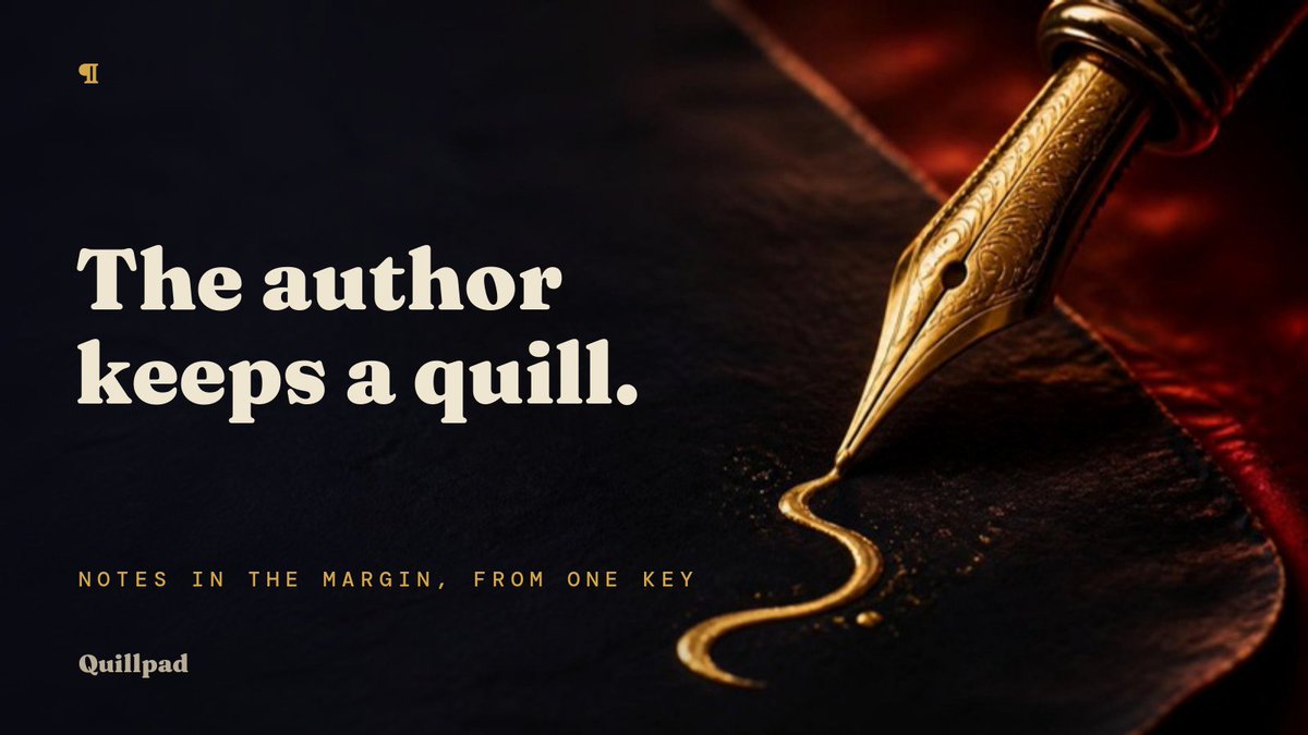 Quillpadxyz's tweet photo. The wallet that inscribes a folio keeps its quill.

With it the author writes dated notes into the token's margin: short, plain, a few minutes apart. Only the author's key can write there, and no note is ever edited away.

Updates that live next to the token, not on a feed. https://t.co/zfx3crKyAL