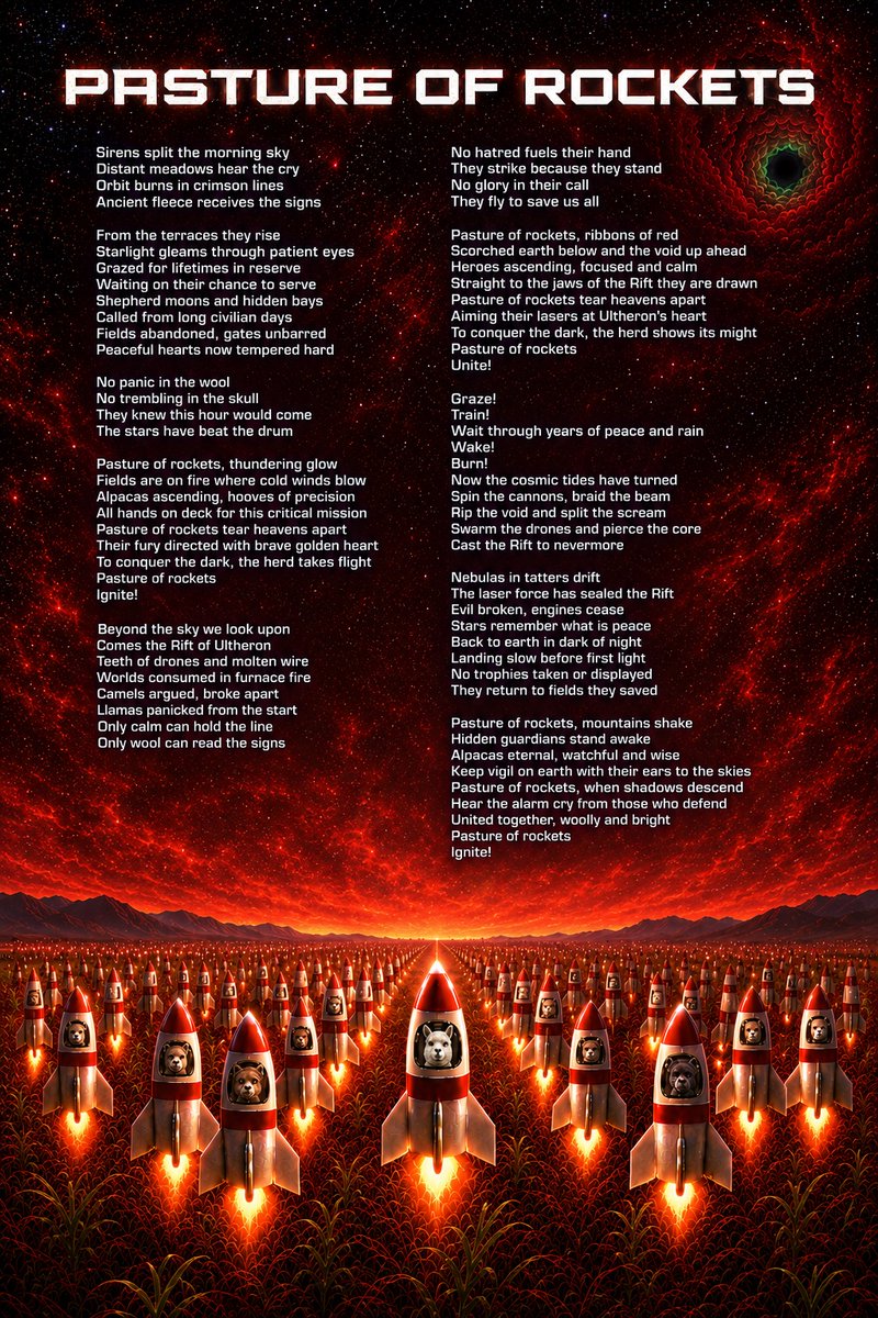 AlpacaLaser4ce's tweet photo. A "Pasture Of Rockets" lyric poster for your wall https://t.co/HzVRmRR99B