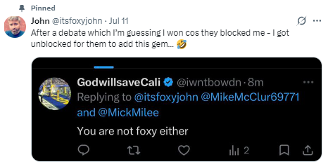 DustyVideoBox's tweet photo. @itsfoxyjohn @PCroydon165 @MrsNickyClark @Martina You don't find the right words easy to come by do you?

I asked about compassion and you swore at me and then blocked me (sorry I have two accounts).

By your logic, that means I won the argument. https://t.co/VLpQLNgnwJ