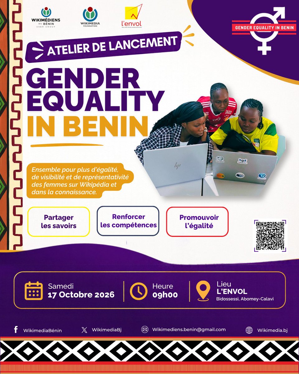 WikimediaBj's tweet photo. 🇧🇯 Les inscriptions à #GenderEquality in Benin 2026 sont ouvertes du 12 au 15 octobre !
Tu es une femme et souhaites contribuer à #Wikipédia ? Ensemble valorisons les femmes inspirantes du Bénin et d’Afrique ! 🔗https://t.co/s5qZvYpfvF
#GenderEquality #WikimediaBJ #WikiWomen https://t.co/0dhERF3sJ9
