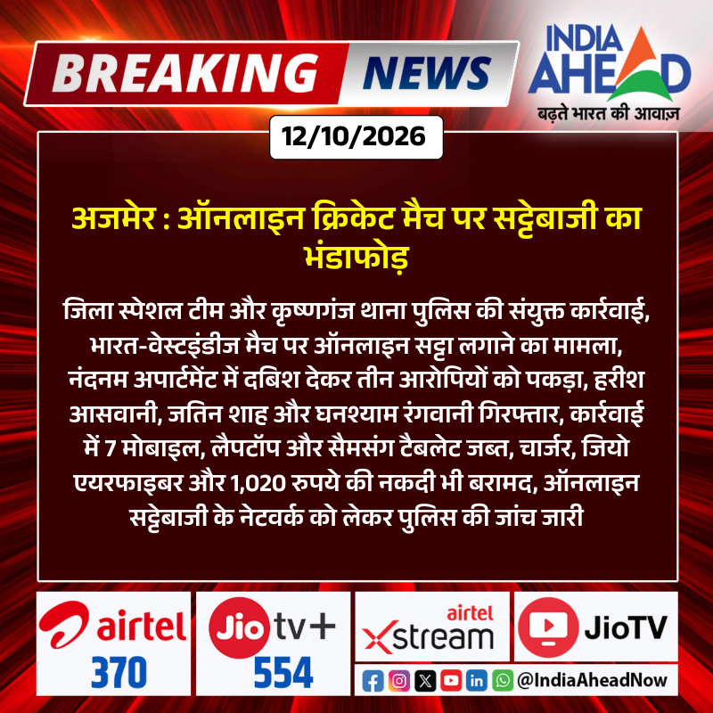 IndiaAheadNow's tweet photo. #Ajmer: ऑनलाइन क्रिकेट मैच पर सट्टेबाजी का भंडाफोड़ !
#Ajmer #RajasthanPolice #CricketBetting #OnlineSatta #CrimeNews #IndiaAhead @AjmerpoliceR https://t.co/5eGnll8pPe