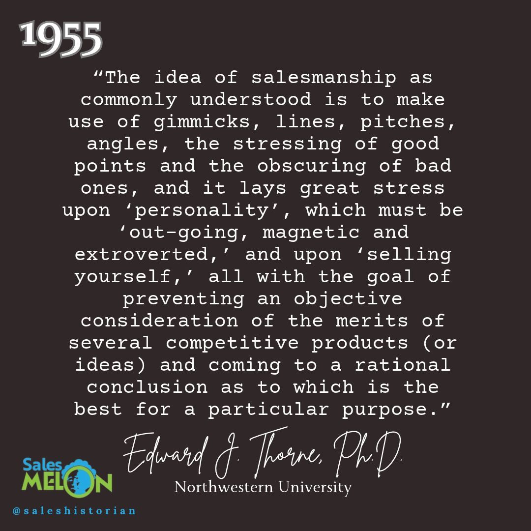 SalesHistorian's tweet photo. In a 1955 article for "Today's Speech" magazine, Northwestern University Professor Thorne resented the idea that teaching was any form of salesmanship. Here, he rants about the sales profession. 😬 https://t.co/PjVnmXjtE1