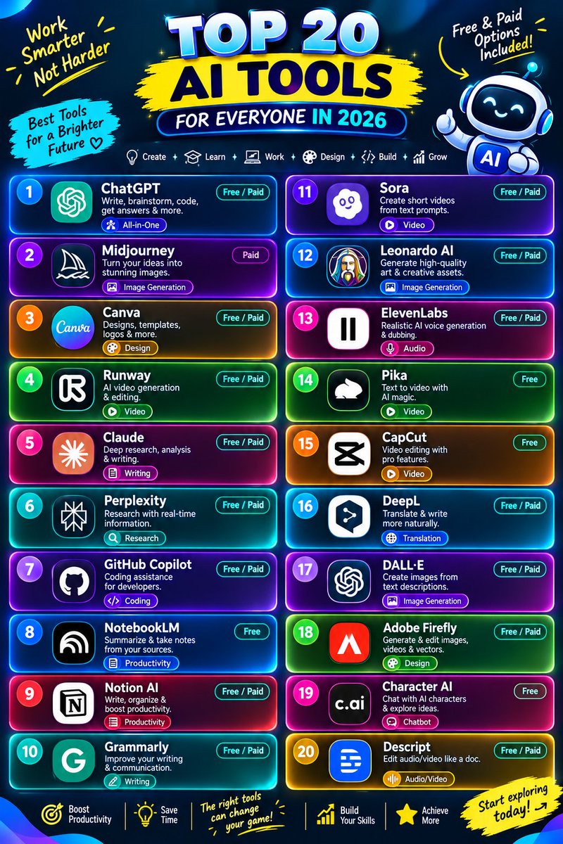 Aira_coder's tweet photo. 🚀 Discover the Top 20 AI Tools of 2026!

From writing and design to coding, research, and video creation — these AI tools can boost your productivity.

💡 Save this list for later!
🔁 Share with your friends.

#AITools #ArtificialIntelligence #AI2026 #Tech # https://t.co/IEsaq2DB7W