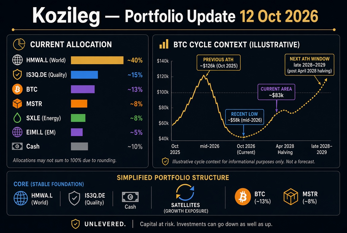 DannyLeeKrohn's tweet photo. First post here.

I’m Danny-Lee Krohn. Senior construction manager in renewables and large infrastructure. I live between Germany and Marbella and invest for long-term freedom in Europe. Portfolio and reasoning are on eToro under Kozileg.

Cut the portfolio down.

Fewer positions. Lower friction for anyone copying. Core stays global equity plus a small Energy sleeve that matches the day job.

Added the Bitcoin-risk sleeve: real $BTC (1×, not CFD) and Strategy ($MSTR ). Entry around the recent cycle area after the mid-2026 low near $58k. Previous ATH was \~$126k in Oct 2025. Next halving \~April 2028. Historical peak windows have often landed late 2028–2029. Past cycles are not a forecast.

German tax angle (my case only): genuinely owned private BTC can fall outside §23 after more than one year. $MSTR and equity/ETF gains do not get that treatment.

All unlevered. Risk score kept with headroom under 7. Full book on eToro (Kozileg).

Capital at risk.