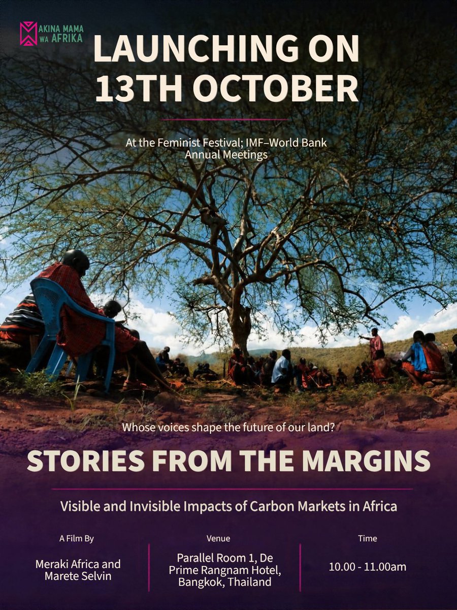 amwaafrika's tweet photo. In a world racing against climate collapse, a new kind of economy has emerged: one where carbon is currency, nature is capital, and pollution can be bought and sold. 

This week, as the #AnnualMeetings kick off, Akina Mama wa Afrika (AMwA) brings you this cinematic exploration of carbon market projects in Africa, which reveals how a global system designed to fight climate change can both uplift and exploit frontline communities, forcing a reckoning with whether trading pollution can truly deliver climate justice. 

Stories from The Margins: The Visible and Invisible Impact of Carbon Markets in Africa is a documentary film that takes viewers inside this complex, often controversial system, unravelling the promises and paradoxes of carbon markets through the lived experiences of African communities on the frontlines.

During the Feminist Festival of Resistance and Alternatives at the IMF–World Bank #AnnualMeetings, Akina Mama wa Afrika will screen the documentary during a session titled: "False Solutions and Green Extraction: Challenging Corporate-Led Transitions and Market-Based Responses to Climate and Development Crises"
This session will use the documentary to critically examine how corporate-led responses to the climate crisis can reproduce extractive relations, marginalise communities and undermine women’s rights and livelihoods. 

🗓️: 13th October 2026

⏲️: 10:00 - 11:30 am 

📍: Parallel Room 1, De Prime Rangnam Hotel, Bangkok, Thailand

🔗Watch the documentary here: https://t.co/4ZqaGtDTBe

 Film by: Meraki Africa

Produced and Directed by: Marete Selvin

Funded by: Akina Mama wa Afrika

#FeministEconomicJustice #FeministClimateJustice #MakePollutersPay #TheFaceOfAusterity