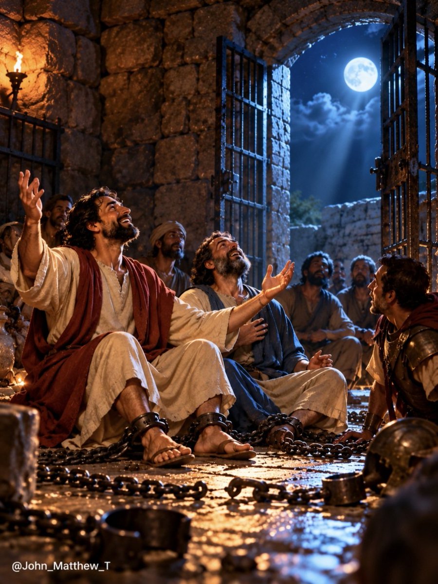 John_Matthew_T's tweet photo. Paul and Silas were beaten and thrown into prison for preaching about Jesus. Their feet were fastened in stocks and their situation seemed hopeless. Yet, at midnight, instead of giving in to despair, they prayed and sang hymns to God while the other prisoners listened.

Suddenly, a violent earthquake shook the prison. Every door flew open, and everyone’s chains came loose. The jailer woke up, saw the open doors, and feared the prisoners had escaped. But Paul called out, assuring him that everyone was still there. Trembling, the jailer asked what he must do to be saved. Paul and Silas shared the good news of Jesus with him and his household and that very night they believed and were baptized.

“Believe in the Lord Jesus, and you will be saved, you and your household.”
Acts 16:31 

Paul and Silas worshipped God even before their circumstances changed. Their faith did not depend on comfortable surroundings or immediate answers. And through their suffering, another family came to know the Lord.

Never let your circumstances silence your praise. Even in your darkest midnight, keep praying and trusting God. He can work in ways you cannot see & your faith may become a light that leads someone else to Him