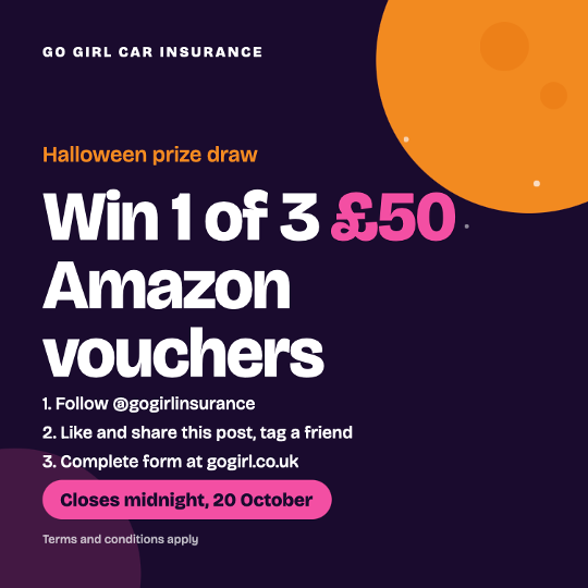 gogirlinsurance's tweet photo. 🎃 Closing soon! Win 1 of 3 £50 Amazon vouchers in our Halloween prize draw. 

➡️ Follow us, like &amp; share the post, tag a friend &amp; fill in the form. 

Closes midnight 20th Oct. T&amp;Cs apply. 👻 Enter: https://t.co/umuXCFCaAi

#Giveaway #WinAmazonVoucher #CompetitionTime #UKGiveaway https://t.co/IqJyj0pcxN
