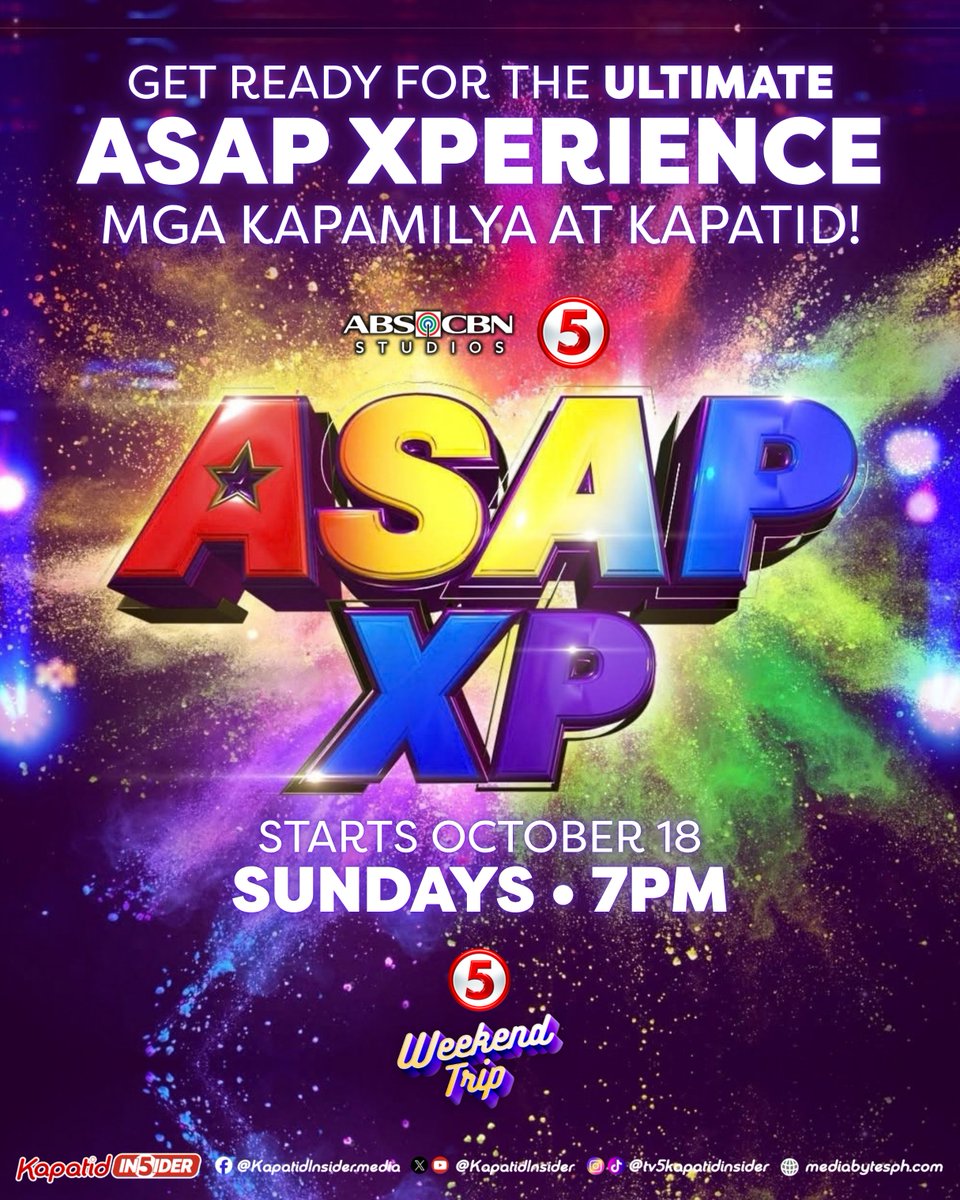 KapatidInsider's tweet photo. CRAVING FOR PARTY EVERY SUNDAY PRIMETIME?! SAGOT NAMIN 'YAN!
Dahil we'll give you a PARTY you want to XP-erience every Sunday!
#ASAPXPTV5, Sundays, 7PM starting October 18 sa #WeekendTripTV5! https://t.co/1NAcuKK74t