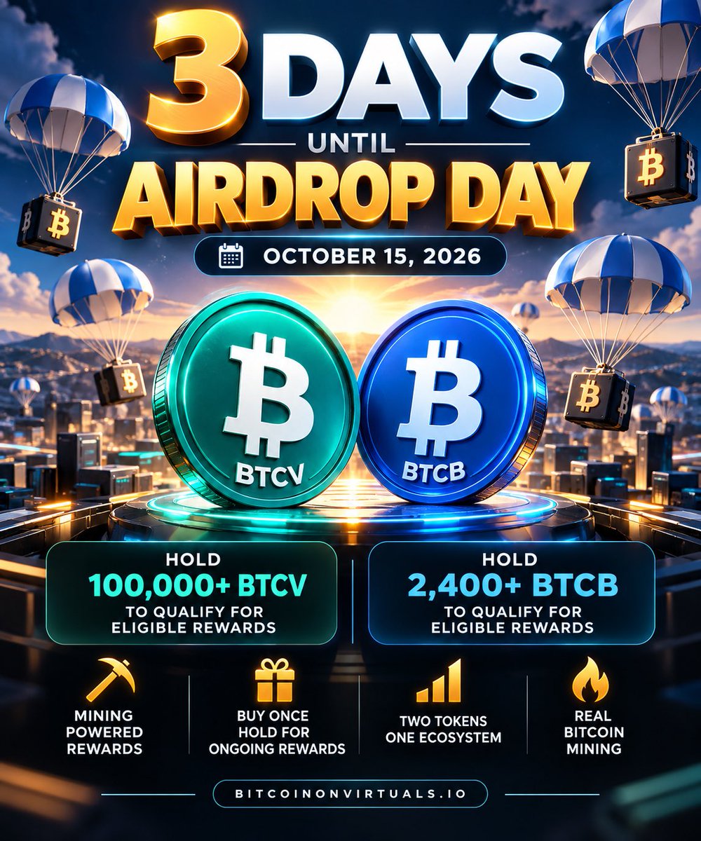 BTC_On_Virtuals's tweet photo. 🚨 3 DAYS UNTIL AIRDROP DAY! 🚨

⛏️ $BTCV & $BTCB are gearing up for another round of mining-powered rewards!

📅 October 15, 2026

✅ Hold 100,000+ $BTCV or 2,400+ $BTCB to qualify for eligible rewards.

💰 Buy once. Hold. Position yourself for recurring rewards as our mining ecosystem grows.

🔥 Two tokens. One ecosystem. Real Bitcoin mining. @BTC_On_Base 

🔗 https://t.co/1OSXTcob5w

#BTCV #BTCB #Bitcoin #Base