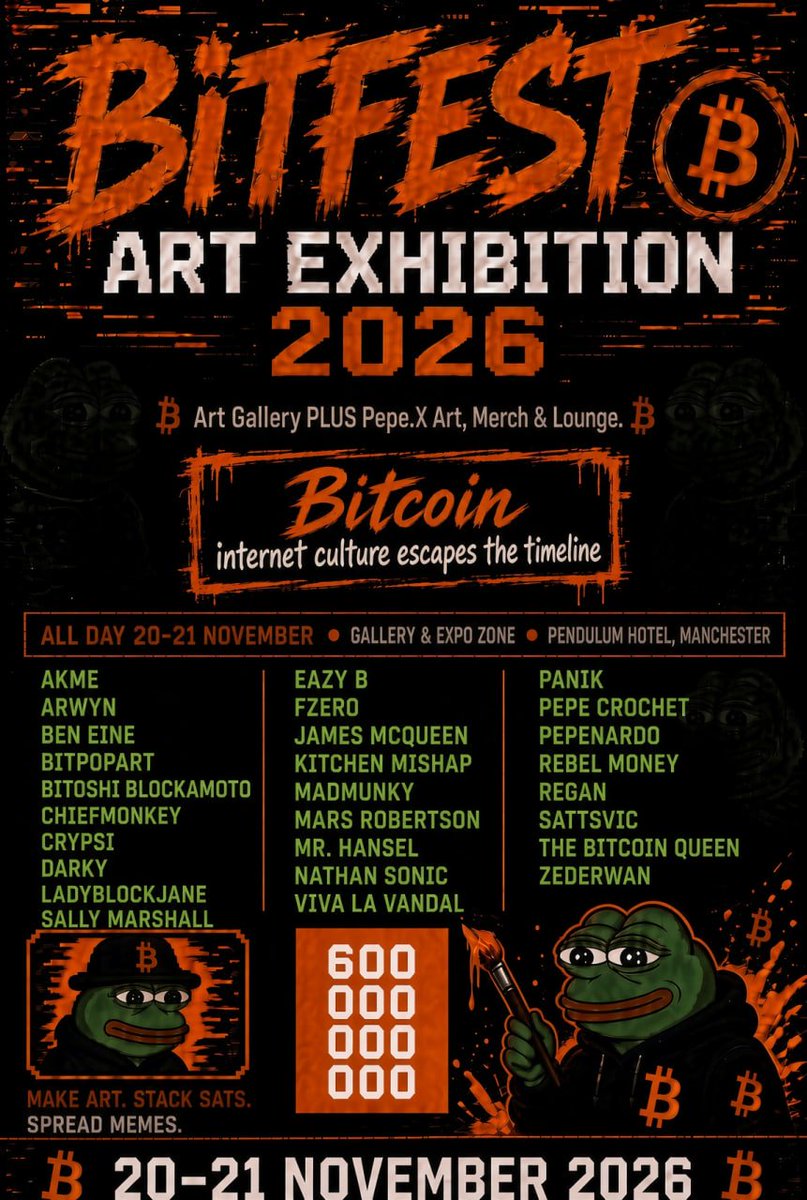 CrypsiArt's tweet photo. Crypsi dont normally get involved in organising exhibitions..

But when we do 😎

Coming soon 2 @Bitfestuk , the greatest exhibition of CRYPTOART (what noobs call bitcoin art) EVER 👁️👁️

btc art from well known street artists 😵😵(never seen before)/ stalwarts/ future stars 

pepe art from many of the creators/ godfathers/ masters🐸🐸

rumours of a special edition art print from an unnamed street artist exclusive 2 the event 🕵️

rumours of further cryptoart OGs reappearing 😱 (not just chiefmonkey), priceless pepe memorabilia showing up 👻, digital treasure hunts to win valuable nfts 🎯, physical treasure hunts to win goodies 🥇 + more bitcoin/ pepe merch than any conference ever seen 👽👽👽

If all that doesnt get ur juices flowing, we got @MarsitaTheUltra + @arwyn_official + @2140wtf  + @Dark_inc_Studio  in da house 🥳🥳

@scarcedotcity auctions 4 much of the art, just in case any1 dumb enuff not 2 come 2 Manchester, UK 19-21 November ✍️

Some decent speakers (+ a big bar) 2 ✊

Keep tuned 4 updates on art 🦻

NB any questions related 2 event @nathansonic 👍

#memetheReVolution
#btcoffensive