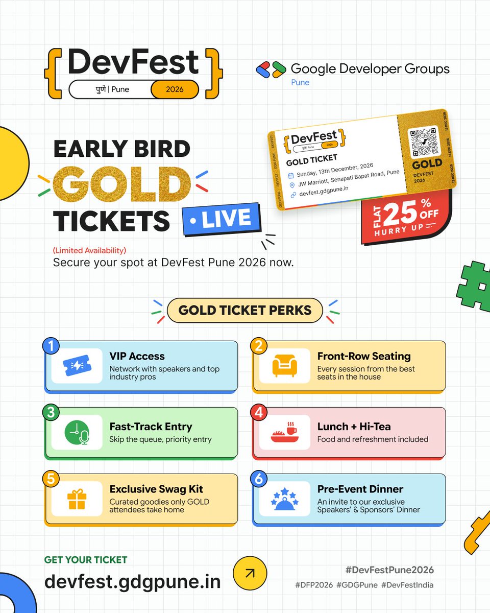 GDGPune's tweet photo. Pune, we shipped something golden. 🏺

DevFest Pune 2026 Early Bird GOLD tickets are LIVE at 25% off. 🧨

📅 Dec 13 | 📍 JW Marriott Pune

#DevFestPune #GDGPune #DevFest2026 https://t.co/yCwgQJ0MWd