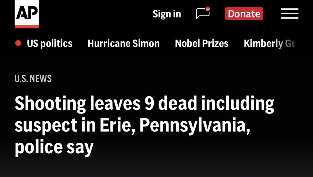 sleepingcat02's tweet photo. Better than this :
A mass shooting in Erie, Pennsylvania, has left nine people dead, including the suspected gunman, according to authorities.

The victims included two young children and a pregnant woman. The 45-year-old suspect was reportedly related to seven of the https://t.co/C6DvHKdvcF