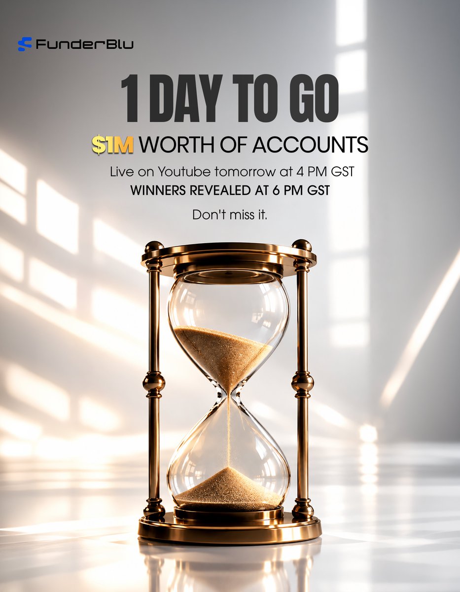 funderblu's tweet photo. ⏳ One day to go. Tomorrow at 4 PM GST (Dubai time), we go live on YouTube, and the winners of our 1st anniversary giveaway will be announced at 6 PM GST, sharing $1M worth of accounts among traders who are ready to get backed, set a reminder so you don't miss the reveal.  

#PropTrading #FunderBlu