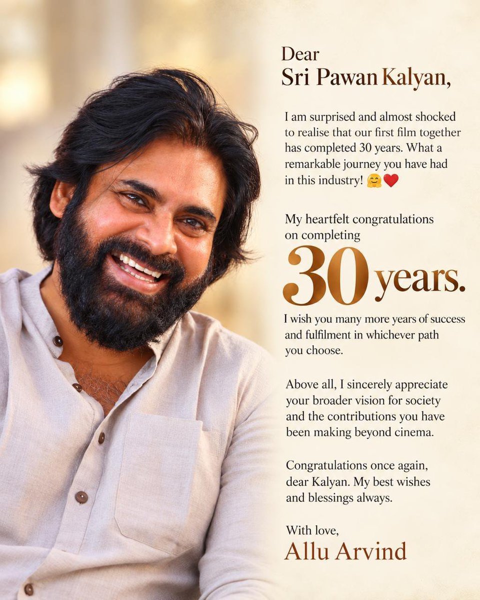 Movieupdates69's tweet photo. On the occasion of 30 years of Deputy Chief Minister of Andhra Pradesh, Sri @PawanKalyan garu in Cinema, a heartfelt note from Sri #AlluArvind garu.
#PawanKalyan https://t.co/kEJDbOjrkX