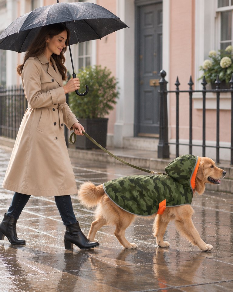 EdwinMinor94582's tweet photo. Rainy strolls just got chic! This reversible hooded dog poncho flips from camo to high‑vis orange, keeps pups dry, seen, and runway-ready. Grab size L and let your dog strut through the drizzle with confidence. #DogWalkingGear #Fashion Tap the link in bio. #AI https://t.co/S9VDa7nV4B