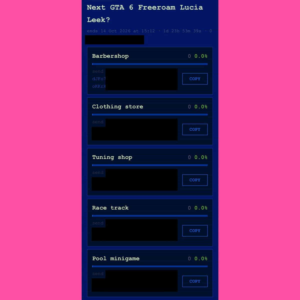 gtasix_'s tweet photo. CyberLeek has released another poll:

- Barbershop
- Clothing store
- Tuning shop
- Race track
- Pool minigame https://t.co/KMt3p7K0o5