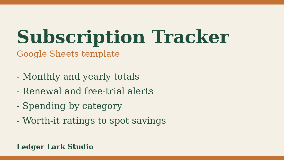 LedgerLarkHQ's tweet photo. Forgotten subscriptions are a quiet monthly tax. Subscription Tracker (Google Sheets) shows your monthly and yearly total and warns you before things renew. #budgeting #subscriptions https://t.co/lJ93gR2xwq