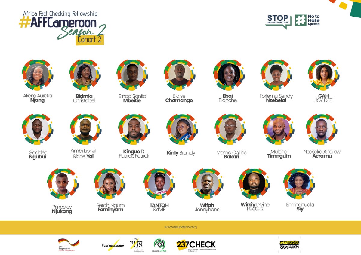 237check's tweet photo. ✨ Meet #AFFCameroon Cohort 2 Fellows ✨
We are excited to introduce the 20 new fellows joining #AFFCameroon from the N.W & S. W regions.
Join us in congratulating the new fellows & welcoming them.
#ThinkB4UClick #FactsMatter #defyhatenow https://t.co/BAIfZL912r