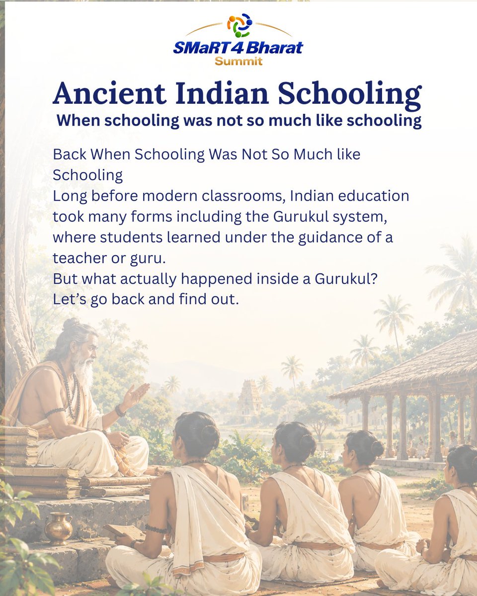 smartsummit_off's tweet photo. Long before modern classrooms, students lived with their guru and learned far more than books. 

🕉️📚 Swipe to explore what the Gurukul system was, what it taught, and the lessons that still matter today.

#SMaRT4Bharat #Gurukul #AncientIndia #IndianEducation https://t.co/5D58gG2hzJ