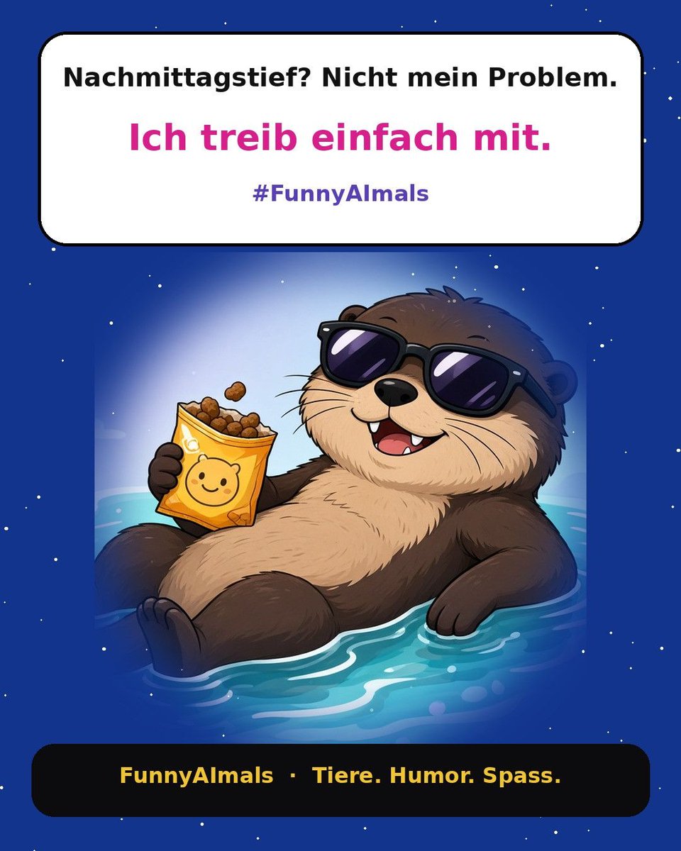 Cod3Artstudio's tweet photo. Nachmittagstief? Nicht mein Problem.
Ich treib einfach mit.

Wer würde jetzt auch lieber mit Snacks auf dem Rücken treiben?

#FunnyAImals #TierMeme #AIMeme #Otter https://t.co/Hqh7XLatuH