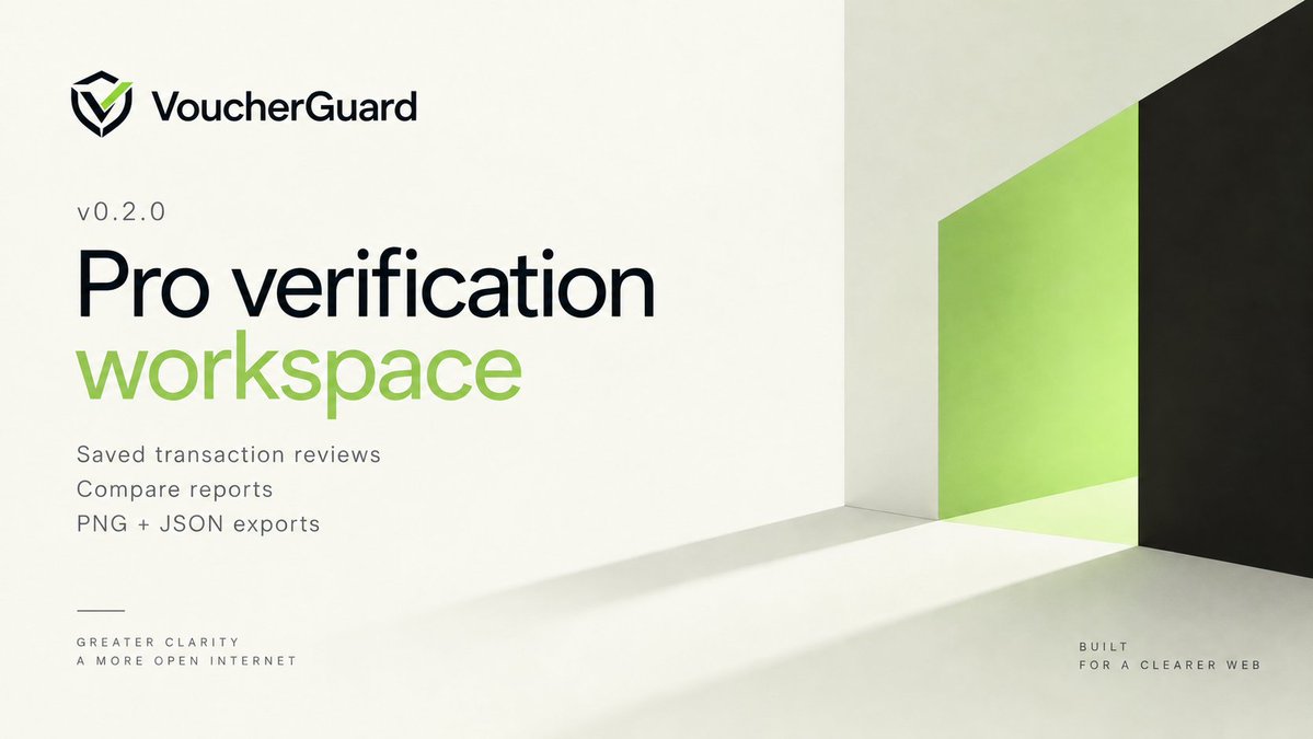 VoucherGuard's tweet photo. VoucherGuard v0.2.0.

Pro now saves up to 20 transaction reviews per wallet in your browser.

Compare two saved reviews. Export the evidence as a PNG card or full JSON.

Saving, comparing and exporting require no extra RPC calls or uploads.