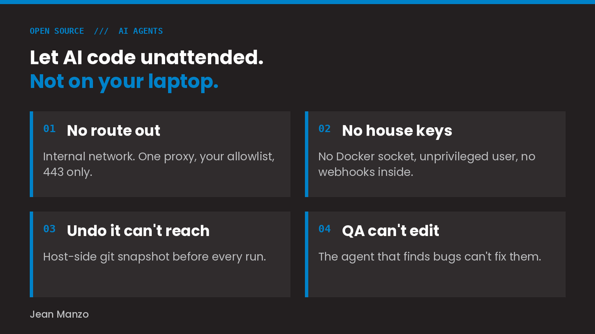 jdevmanzo's tweet photo. How I let coding agents run unattended without handing them my machine.

No route out. No keys to the house. An undo it can't reach.

The one I'd steal even if you never use ralph-sandbox: the QA agent has no edit tools. Finding and fixing in one pass is how a loop lies to itself.