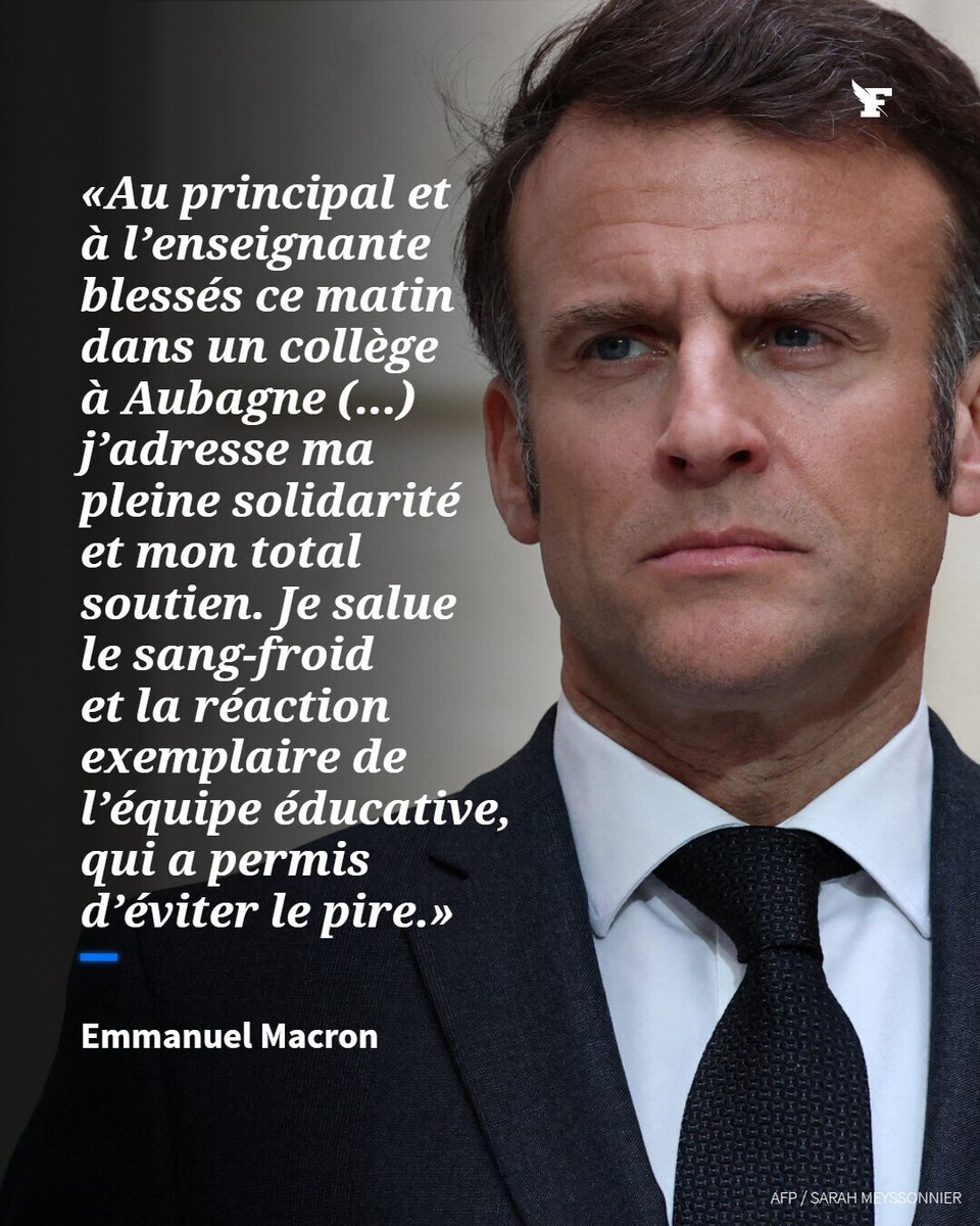 Le_Figaro's tweet photo. Emmanuel Macron a réagi aux tirs au collège Lakanal d’Aubagne. →https://t.co/2xAiSbBT3G https://t.co/D1g26bk8ej