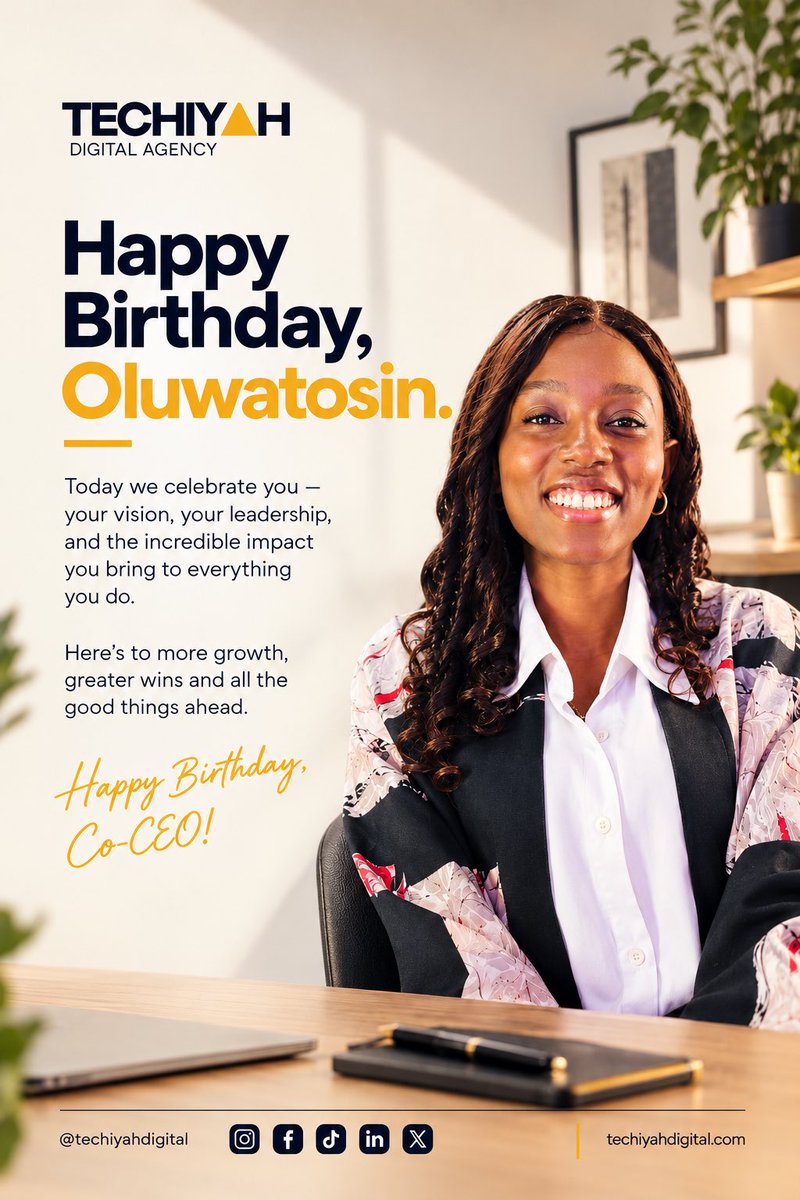 techiyahdigital's tweet photo. Today, we celebrate our Co-CEO, @Ola__Oluwatosin 🥂

Your vision, leadership, and commitment to excellence are part of what makes Techiyah what it is today.

As you celebrate another year, we wish you greater growth, meaningful wins, renewed strength, and joy in all you do. https://t.co/t2bK7hkwrg