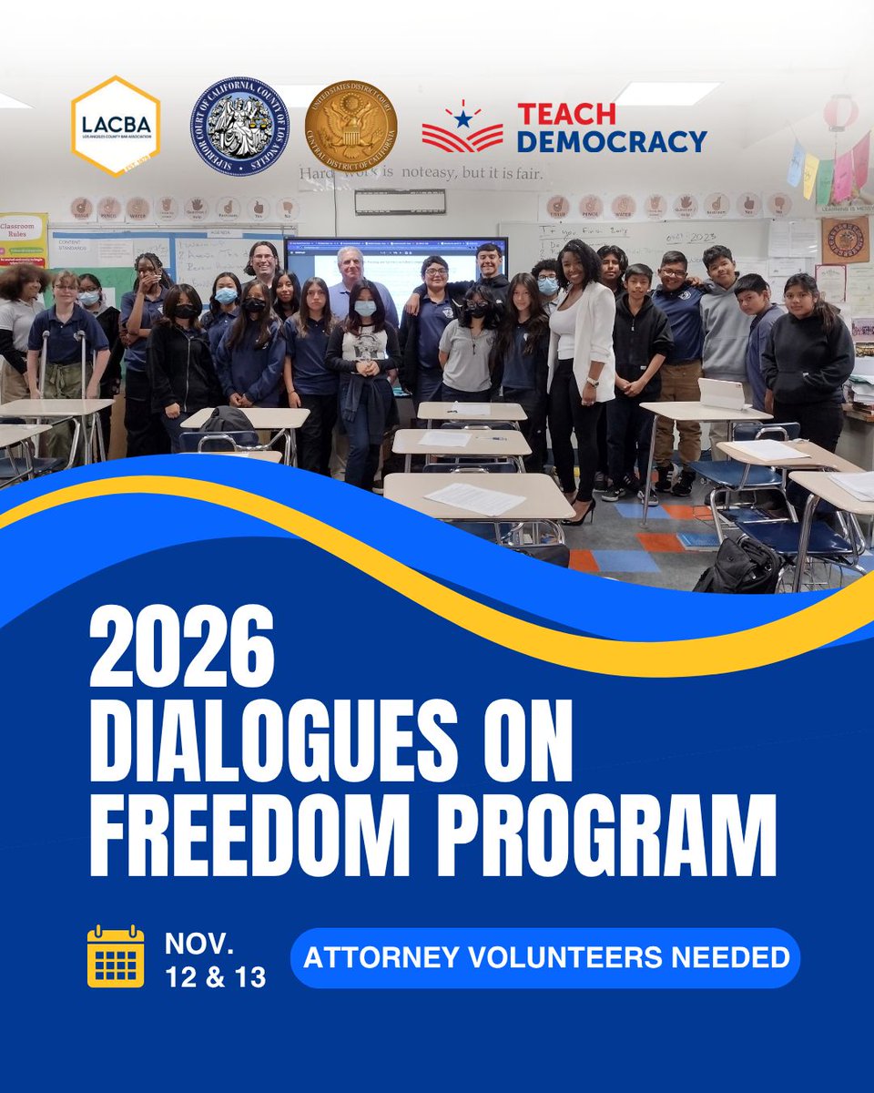 LACBA's tweet photo. Bring Legal Insights to Classrooms 📚️🏫

Attorney volunteers are needed for this year's Dialogues on Freedom program, on November 12–13 at area schools. Discuss the U.S. Constitution with students and explore how law shapes our lives. Volunteer to help the next generation better understand the rule of law.

https://t.co/uZYo80YjmC