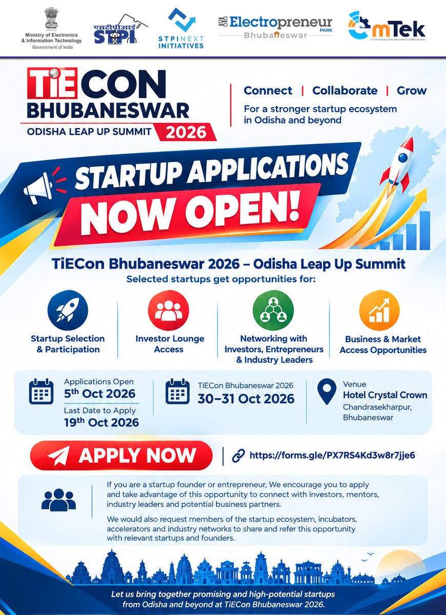 stpiepbbs's tweet photo. Are you a startup founder or entrepreneur looking to connect with investors, industry leaders, mentors &amp; potential business partners?

TiECon Bhubaneswar 2026 invites promising startups from Odisha &amp; beyond to apply &amp; explore opportunities

Apply Now: https://t.co/qMTchmK2Tj https://t.co/SFu8oggWqy