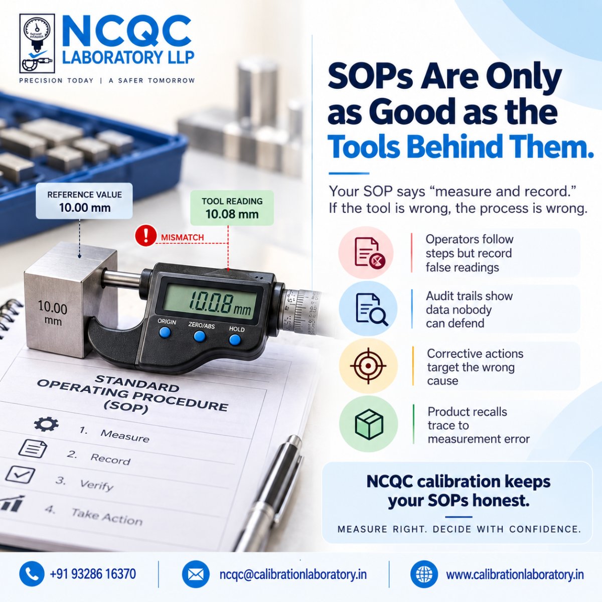 NcqcLab's tweet photo. 📏 SOPs are only as reliable as the tools behind them! Inaccurate measurements can impact audits, corrective actions &amp; product quality. Calibration ensures measurement confidence. Trust NCQC Laboratory LLP for reliable calibration services. #Calibration #QualityAssurance https://t.co/RzUTKsncEl