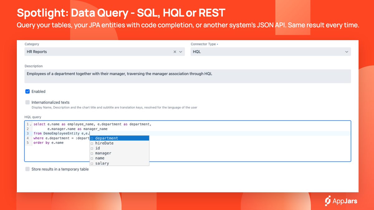 AppJarsModules's tweet photo. Spotlight: Data Query

One more report shouldn't mean one more release. Define the query once and get the form, grid, charts, dashboards and PDF reports. SQL, HQL or REST.

https://t.co/1iegLUAlh9 https://t.co/c7fjs75yNj