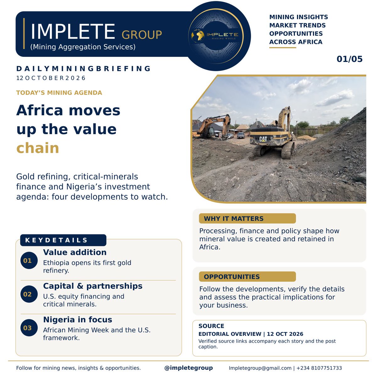 SantresTime's tweet photo. Africa is moving from extraction to value.
Ethiopia has opened its first gold refinery, U.S. critical-minerals finance is widening, and Nigeria heads into African Mining Week with processing and investment firmly on the agenda.
#ImpleteGroup #NigeriaMining #AfricanMining https://t.co/Xr1wigTn4i