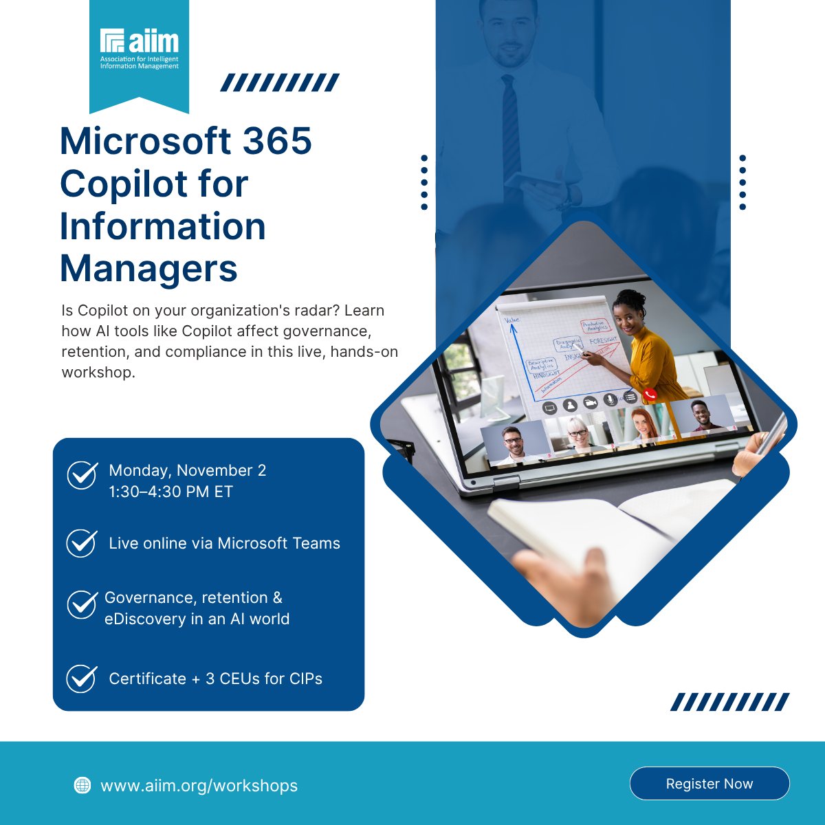 AIIMIntl's tweet photo. Is Microsoft 365 Copilot on your organization's tools list? Get ahead of the governance questions before they land on your desk.

Live, hands-on workshop Nov 2, 1:30–4:30 PM ET. 3 CEUs for CIPs.

#Copilot #InfoGov
https://t.co/ZqYzgC9RLU https://t.co/BnG4J1B0E1