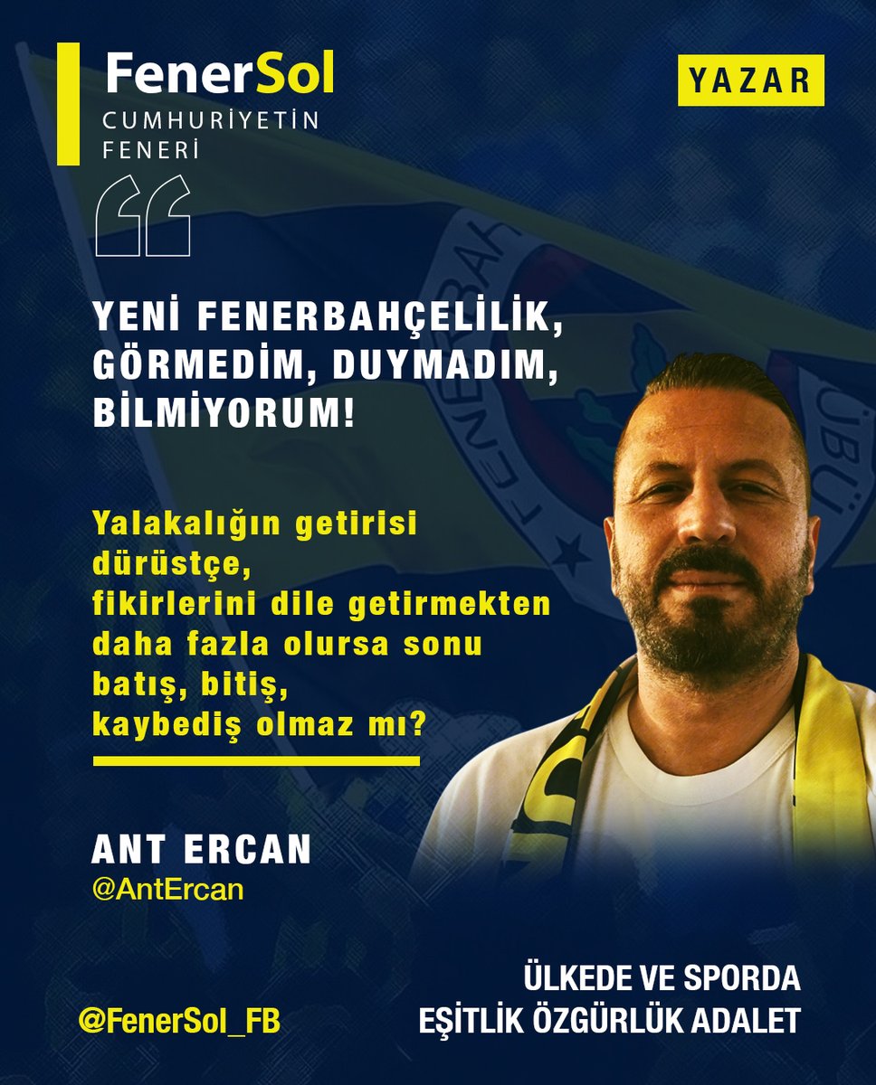 FenerSol_FB's tweet photo. YENİ FENERBAHÇELİLİK,
GÖRMEDİM, DUYMADIM, BİLMİYORUM!

💢 MHK skandalını gündeme taşımaya çalışmayalım;

💢 Rakip ile ilgili; eski/yeni yöneticilerin, sponsorlarla hatta amigo ve para kaynakları ile ilgili birbirinden vahim iddaları görmezden gelelim;

💢 Fenerbahçe futbol takımının sahada hakkı yensin sesimizi çıkartmayalım;

💢 1001 türlü zorlukla her şeyden önemlisi rakiple aynı şartlarda olmayıp mücadele etmeye çalışan teknik direktörümüze, futbolcularımıza sahip çıkmayalım;

💢 Hakkında ülke içinde ya da dışında bir tane tahkikat dahi olmayan sponsorumuza terörist imasında bulunanları görmezden gelelim;

💢 Karşı tarafın ipe sapa gelmeyen algı operasyonlarıyla mücadele etmeyelim;

💢 Oluşmuş bu futbol ortamından nemalandıkları için 7/24 futbolcu, teknik direktör manipülasyonu ile hem camiayı birbirine katan hem de haksızlıkları meşrulaştıran yorumcu/gazeteci/sosyal medya hesaplarına bir şey diyemeyelim;

💢 Sportif geçerliliği olmadığı iddia olunan bu futbol ikliminde şampiyonluktan çok daha büyük önemi olan;

💢 Hangi siyasi/dini/dünya görüşünde olursak olalım ortak paydada buluştuğumuz, bizi en itibarlı en saygın; sözün özü bizi biz yapan değerlerimiz hakkında kaygılarımızı küfür hakaret etmeden dile getirmeyelim;

O zaman birlik beraberlik içinde Fenerbahçeli olacağız, aksi takdirde de bölücü mü 🤔

Çok sevdiği camiası için kendince tespit ettiği yanlışlıkları dile getirmeye çalışan kişilerin üzerine orantısız bir şekilde gidilir hatta hainlikle vs itham edilirse;

Bu tarz korku kültüründe vicdan değil yalakalık gelişmez mi❓

Yalakalığın getirisi 
dürüstçe, fikirlerini dile getirmekten daha fazla olursa sonu batış, bitiş, kaybediş olmaz mı❓

FENERBAHÇE’Yİ TARİH BOYUNCA FENERBAHÇE YAPANLAR 
haksızlıklara karşı mücadele etmiş, 
fikirleri/duruşu devre göre değişmemiş,
doğru bildiğini söylemiş ve yapmış 
doğru, dürüst karakterli menfaatsiz beklentisiz kalbi Fenerbahçe sevdasıyla dolu olan büyük Fenerbahçelilerdir.

ANT ERCAN
@AntErcan