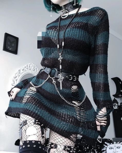 gothicornate_'s tweet photo. gothic grunge with striped knits, fishnets, chains, and dark accessories https://t.co/w25OJSmZIs