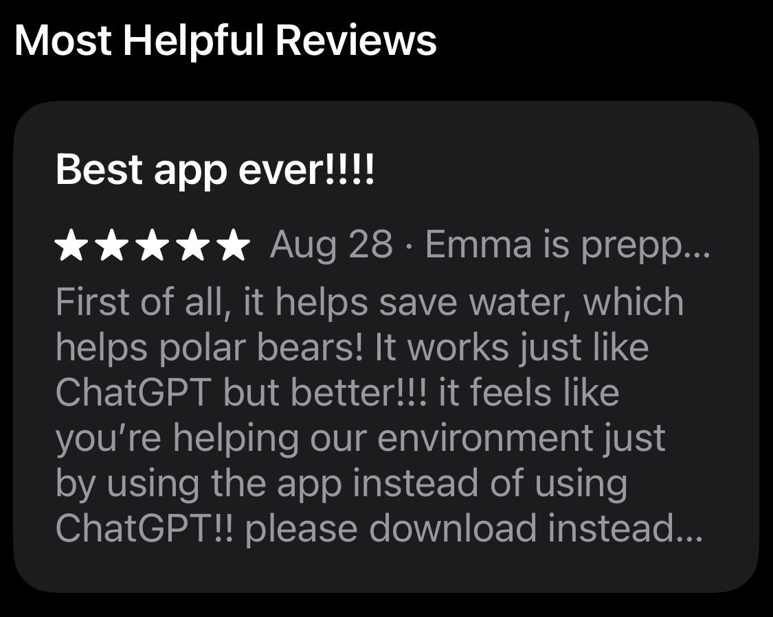 petersapps's tweet photo. < Make a ChatGPT wrapper 
< Get Gen Z kids to pay $25 per month for a 6 month old model 
< Save water which helps polar bears?? 
< Make a bunch of money https://t.co/YQMGYgpYpw
