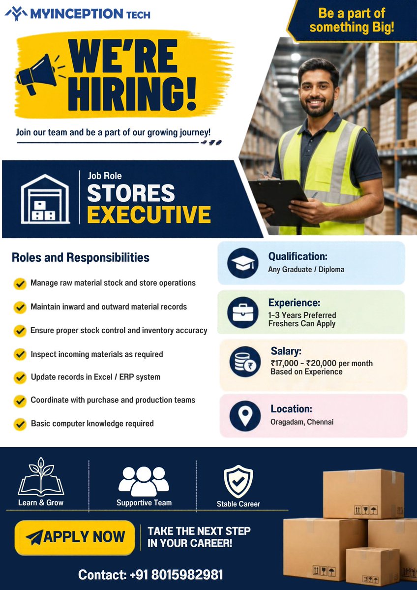 MyInceptionTech's tweet photo. 📢 WE’RE HIRING – STORES EXECUTIVE! 🚀

Looking for an exciting career opportunity? Join MyInception Tech and take the next step in your professional journey! 💼

Followed @MyInceptionTech 

#MyInceptionTech #WereHiring #HiringNow #StoresExecutive #StoresExecutiveJobs #Warehouse https://t.co/5bm9iw7VmG